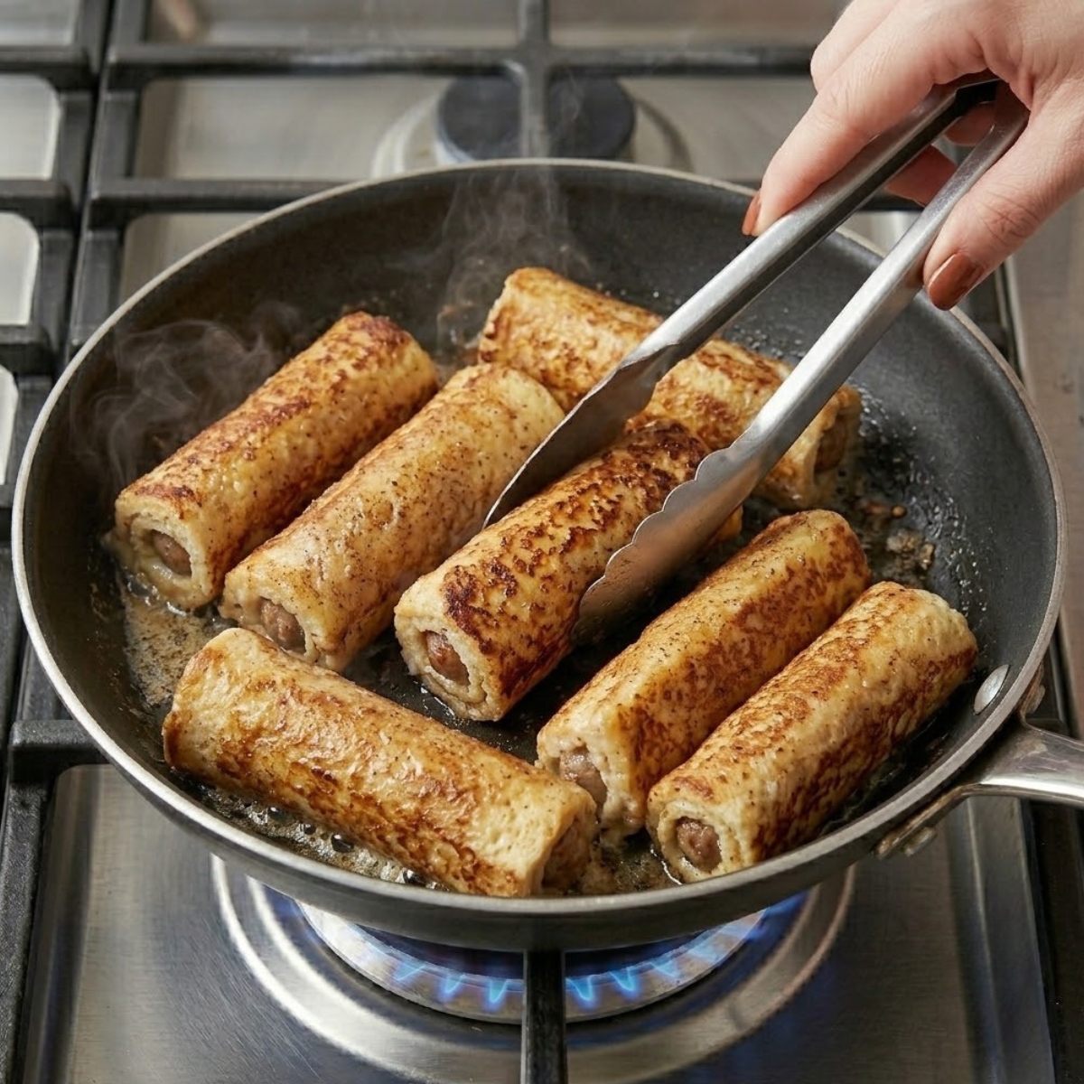 Tight close-up zoom of hands with brown nails using metal tongs to fry rolled sausage french toast logs until crispy inside a skillet over a gas flame.