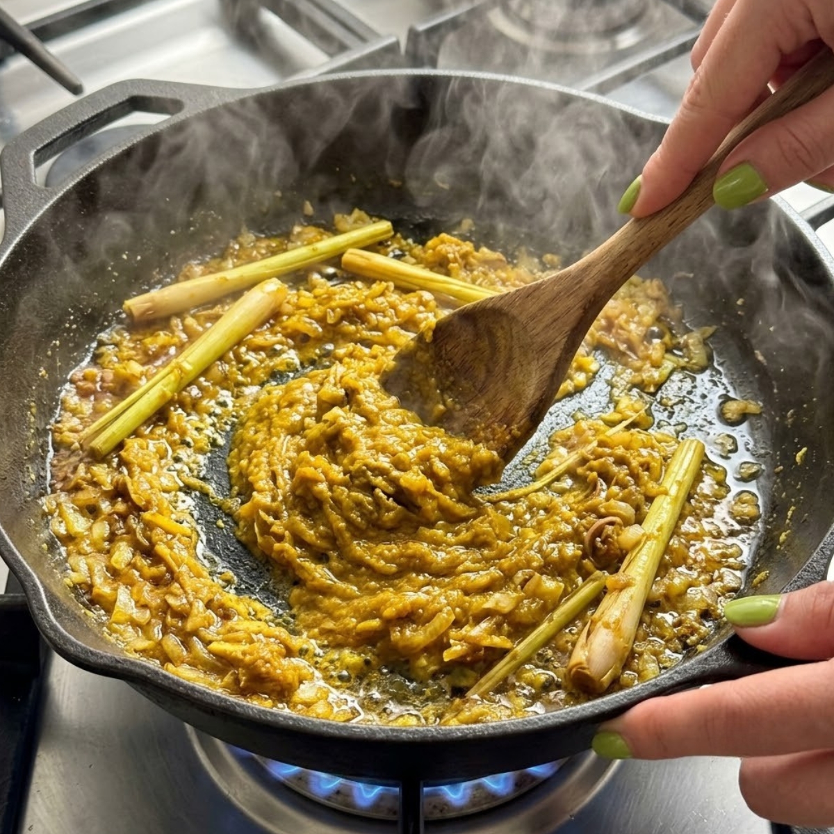 Tight zoom of hands with green nails using a wooden spoon to stir and toast yellow curry paste with aromatics in a hot pan over a gas flame.