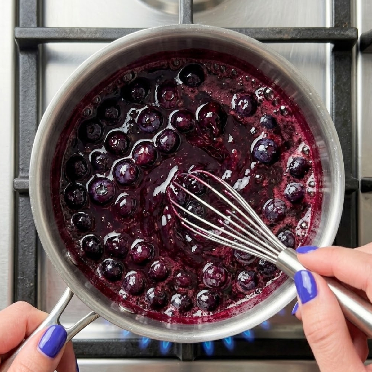 Extreme close-up of hands with purple nails using a wire whisk to stir a thick, bubbling blueberry sauce inside a small saucepan over a gas stove flame.