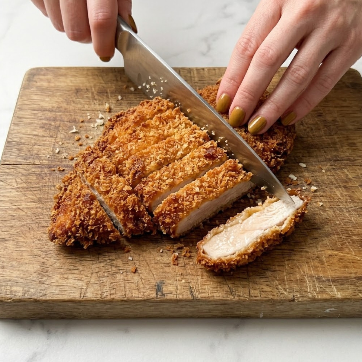 Tight close-up zoom of hands with golden-brown nails using a chef's knife to slice a crispy fried chicken katsu cutlet on a wooden board.