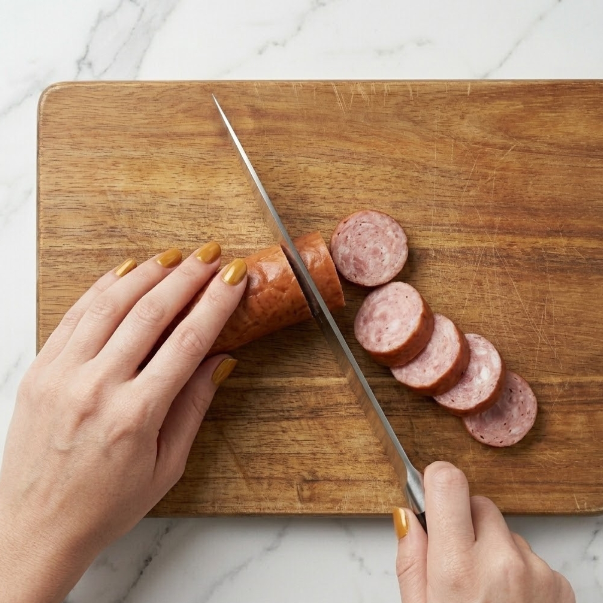 Extreme close-up view of hands with gold nail polish using a chef's knife to slice a smoked kielbasa link into uniform wheels on a wooden board.
