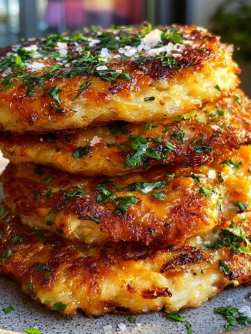 A tall stack of golden-brown crispy smashed hash browns on a speckled plate, brushed with garlic herb butter and topped with fresh chopped parsley and flaky sea salt.