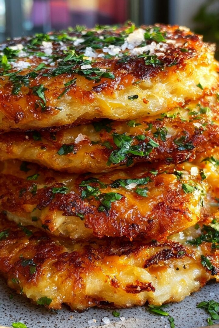 A tall stack of golden-brown crispy smashed hash browns on a speckled plate, brushed with garlic herb butter and topped with fresh chopped parsley and flaky sea salt.