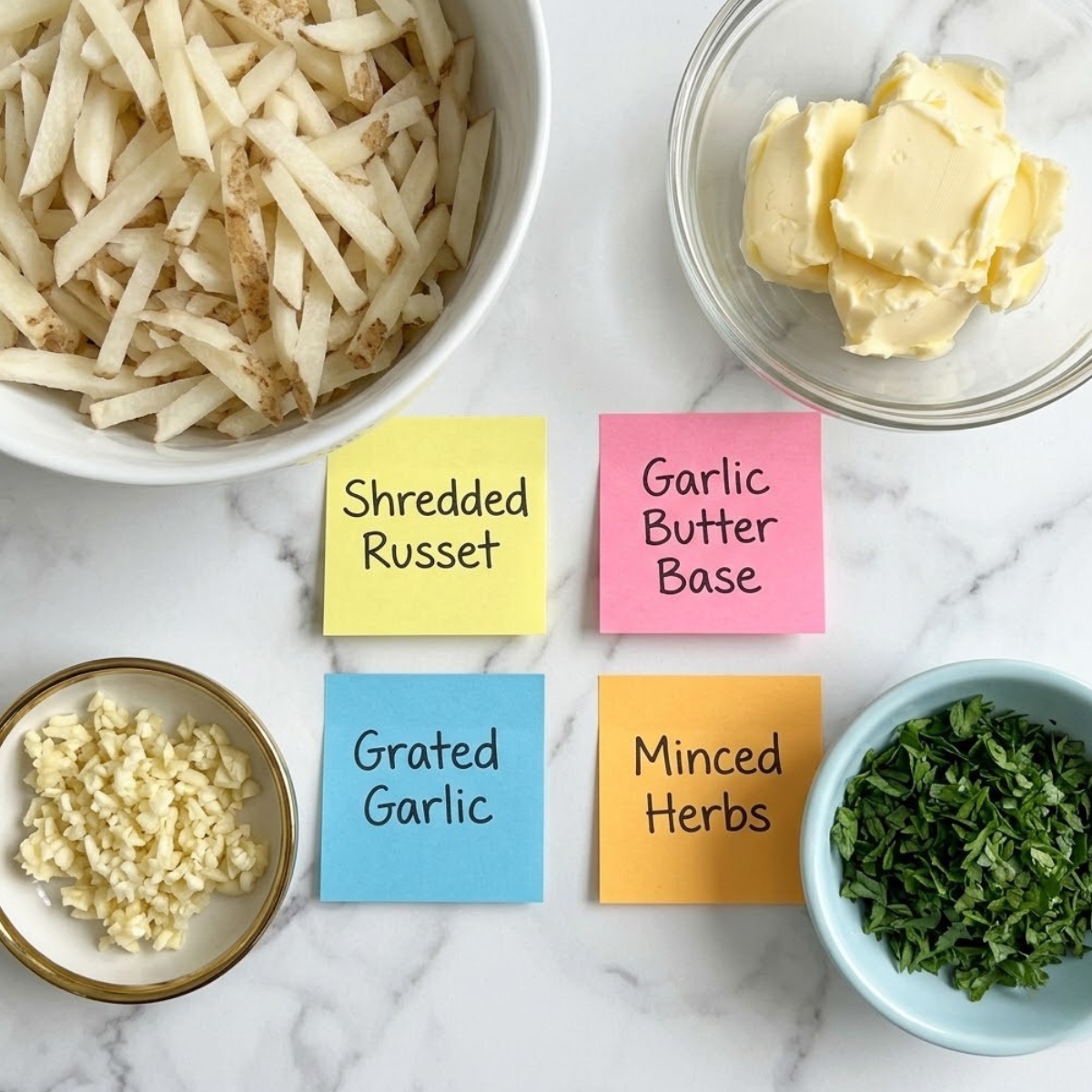 Flat lay of shredded potatoes, butter, minced garlic, and parsley with handwritten labels on a marble counter.