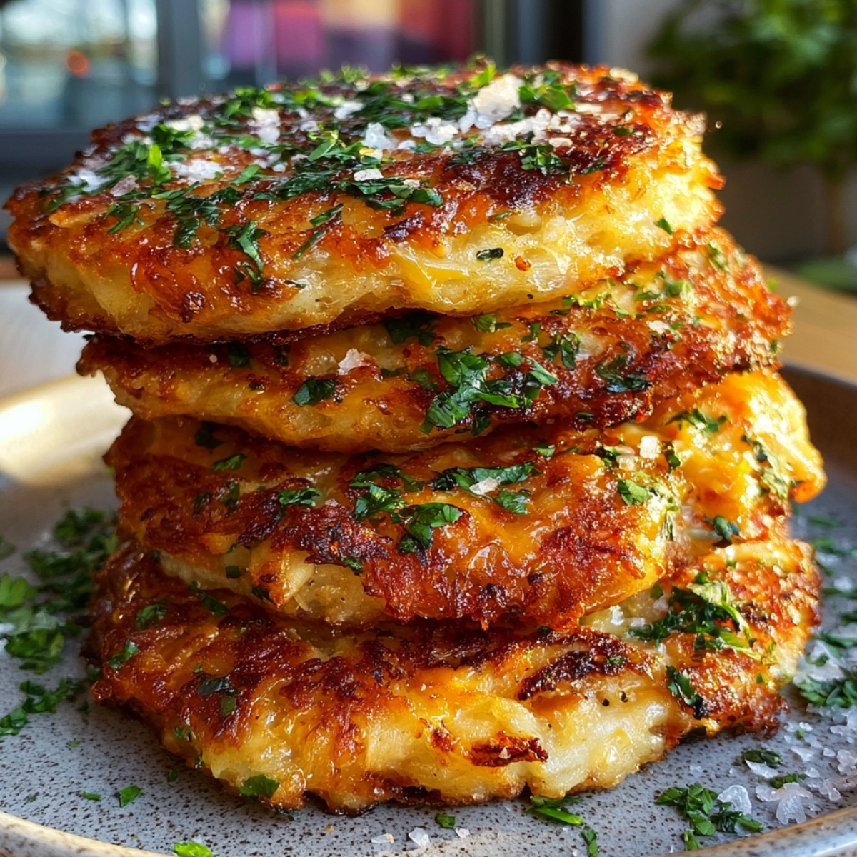 A tall stack of golden-brown crispy smashed hash browns on a speckled plate, brushed with garlic herb butter and topped with fresh chopped parsley and flaky sea salt.