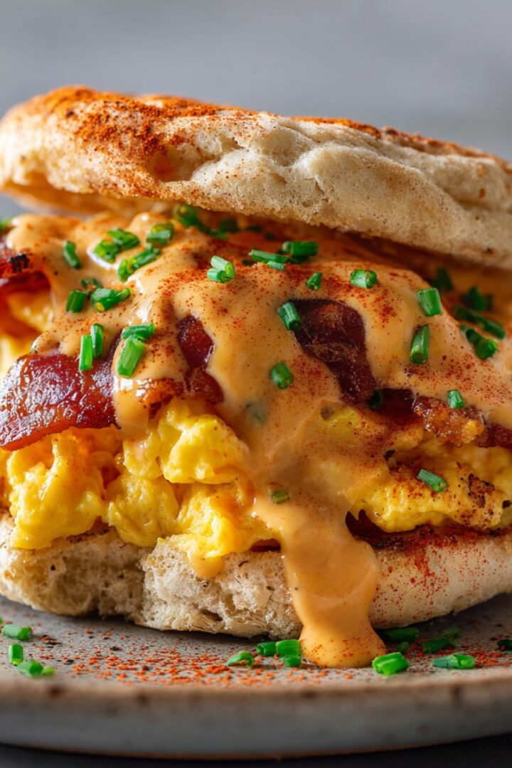 A toasted English muffin breakfast sandwich piled high with fluffy scrambled eggs and crispy bacon, smothered in creamy chipotle sauce, garnished with chopped chives and smoked paprika, served on a speckled ceramic plate.