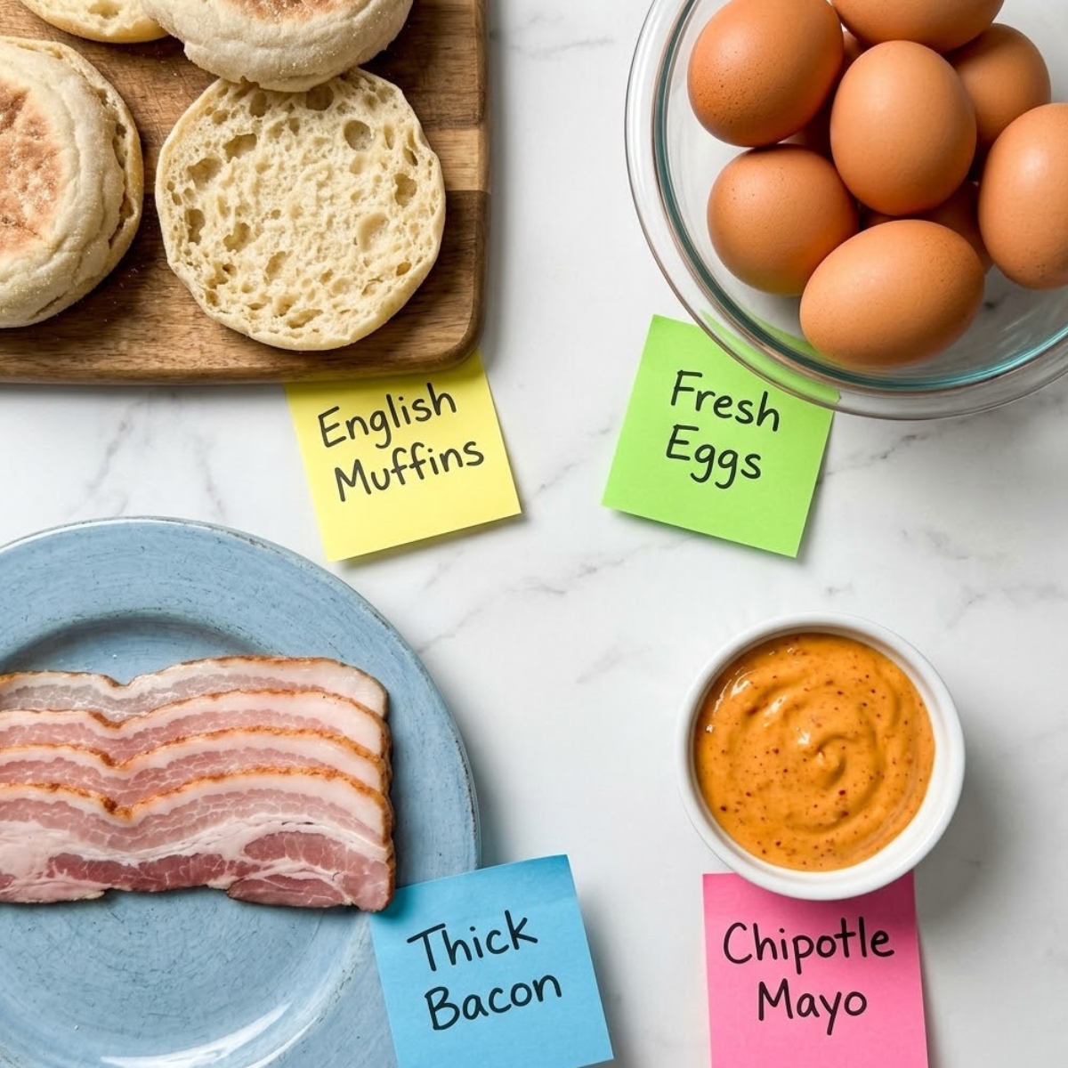 Flat lay of split English muffins, raw fresh eggs, thick bacon strips, and creamy chipotle mayo with handwritten labels on a marble counter.