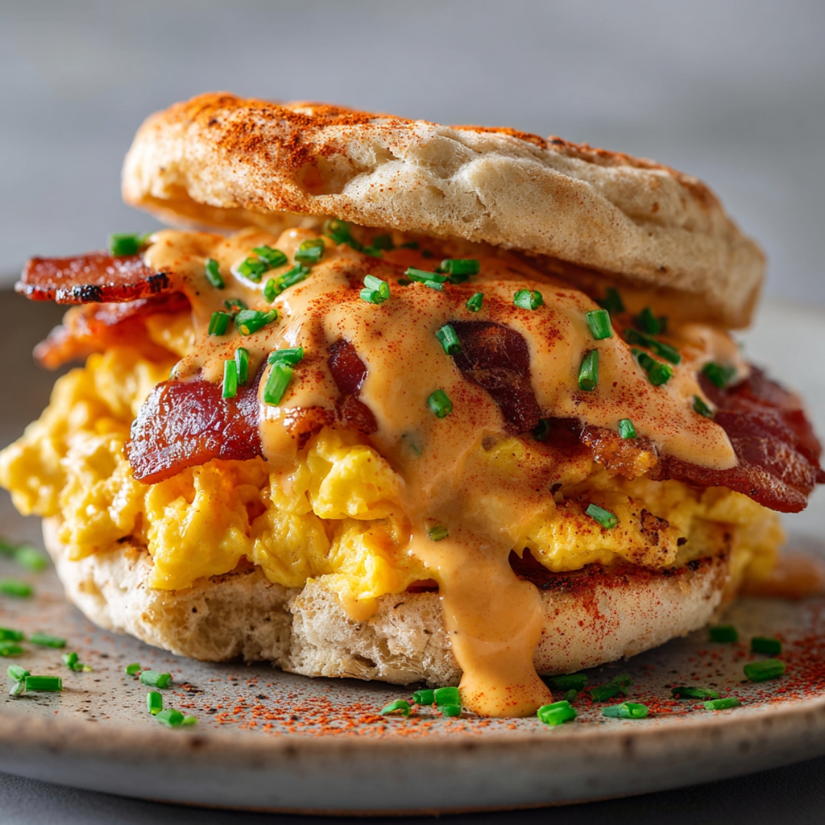 A toasted English muffin breakfast sandwich piled high with fluffy scrambled eggs and crispy bacon, smothered in creamy chipotle sauce, garnished with chopped chives and smoked paprika, served on a speckled ceramic plate.