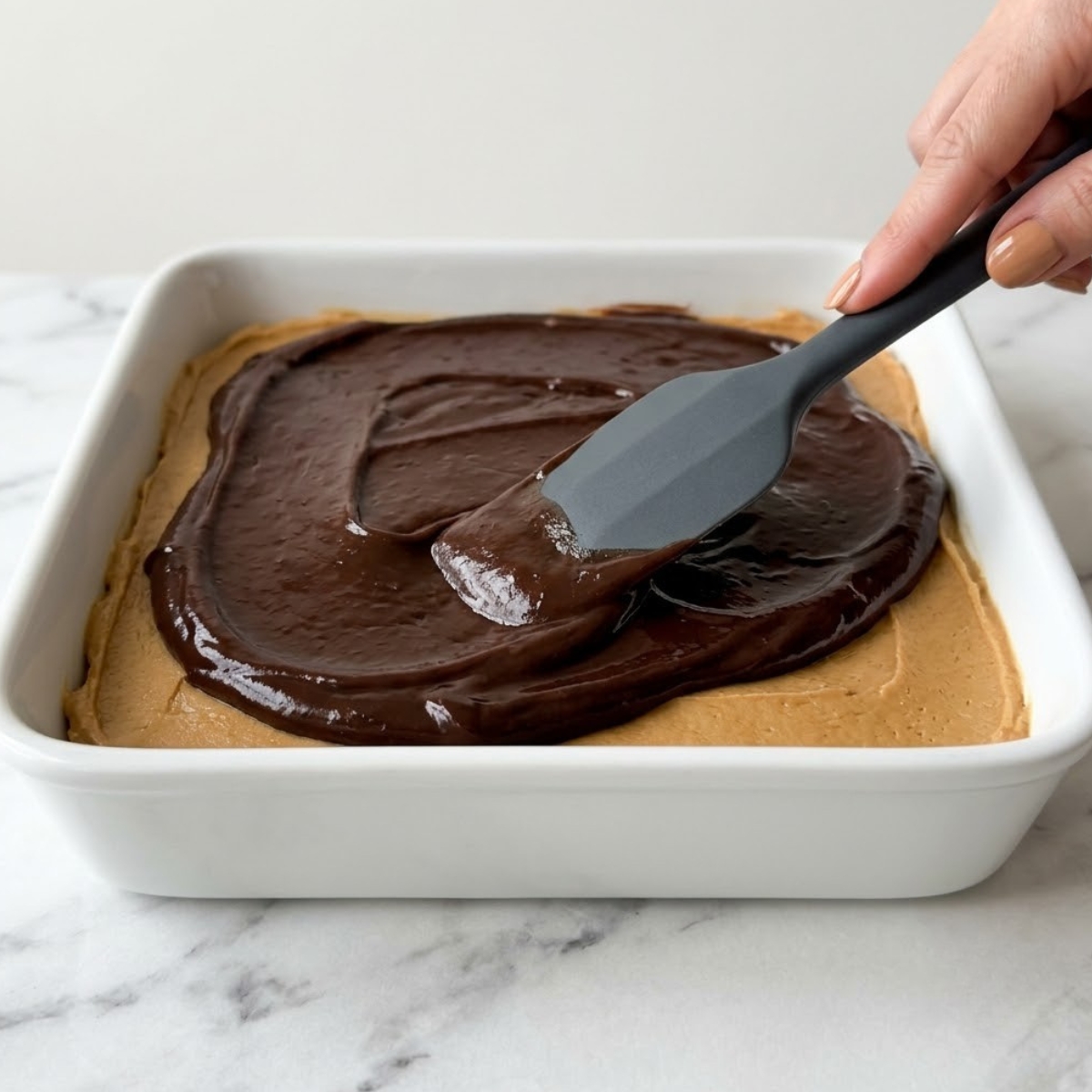 Tight close-up zoom of hands with tan nails using a rubber spatula to layer smooth chocolate pudding over a peanut butter filling.
