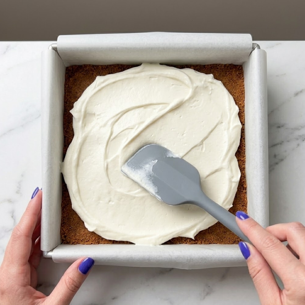 Tight close-up zoom of hands with purple nails using a silicone spatula to spread thick white cream cheese filling over a graham cracker crust in a baking pan.