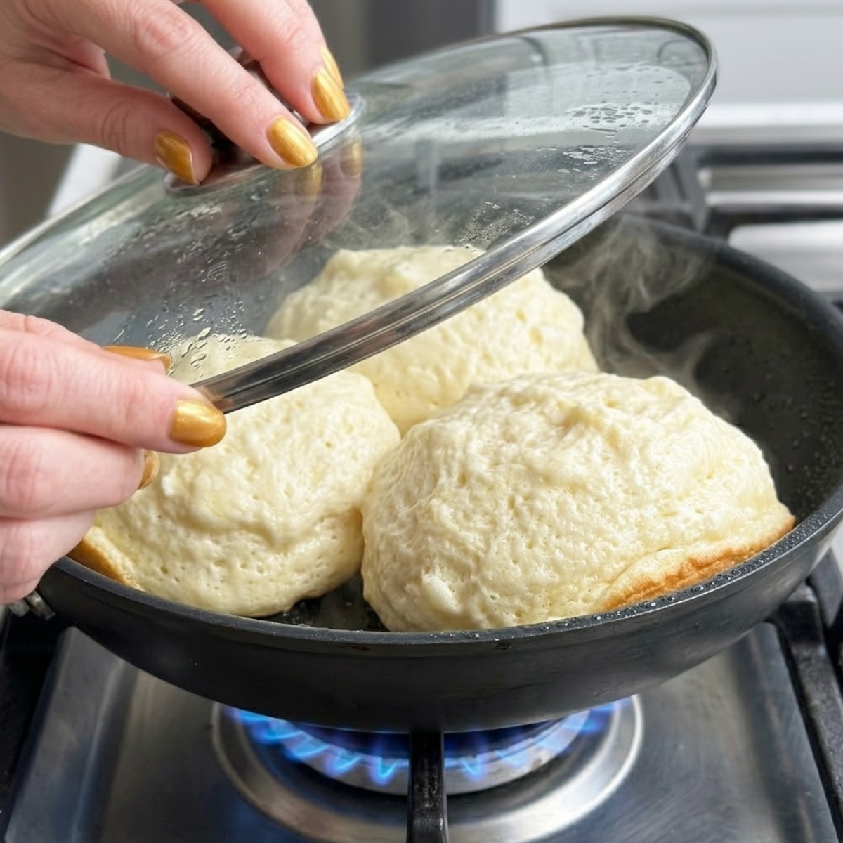 Tight close-up zoom of hands with gold nails lifting a lid on a hot non-stick pan to steam extra-thick Japanese soufflé pancakes over a gas flame.
