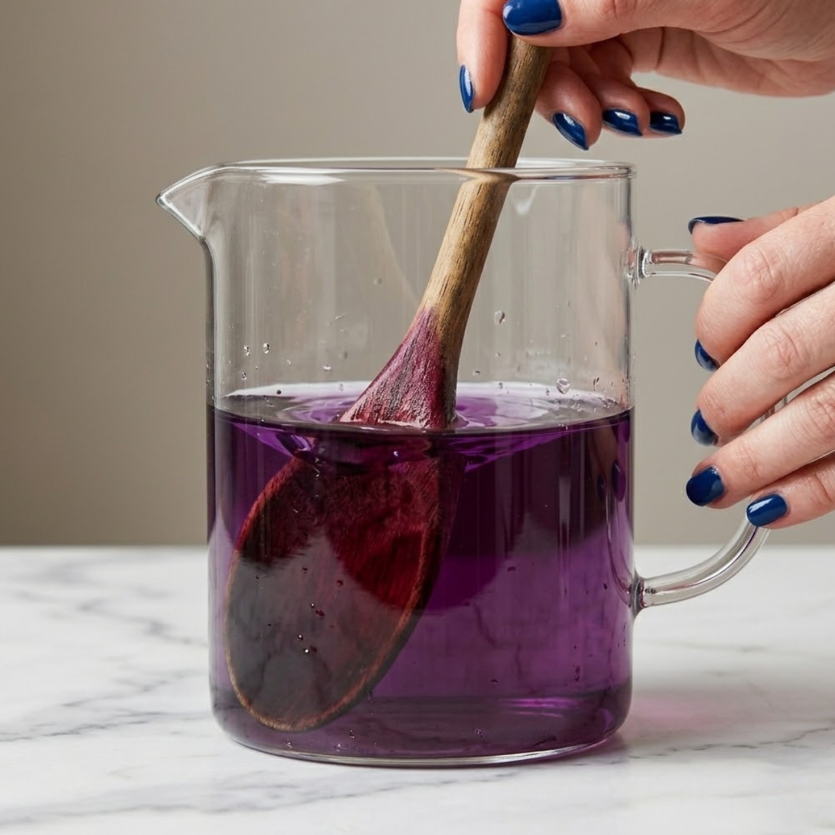 Tight close-up zoom of hands with blue nails using a long wooden spoon to mix dark purple blueberry iced tea inside a large glass pitcher.