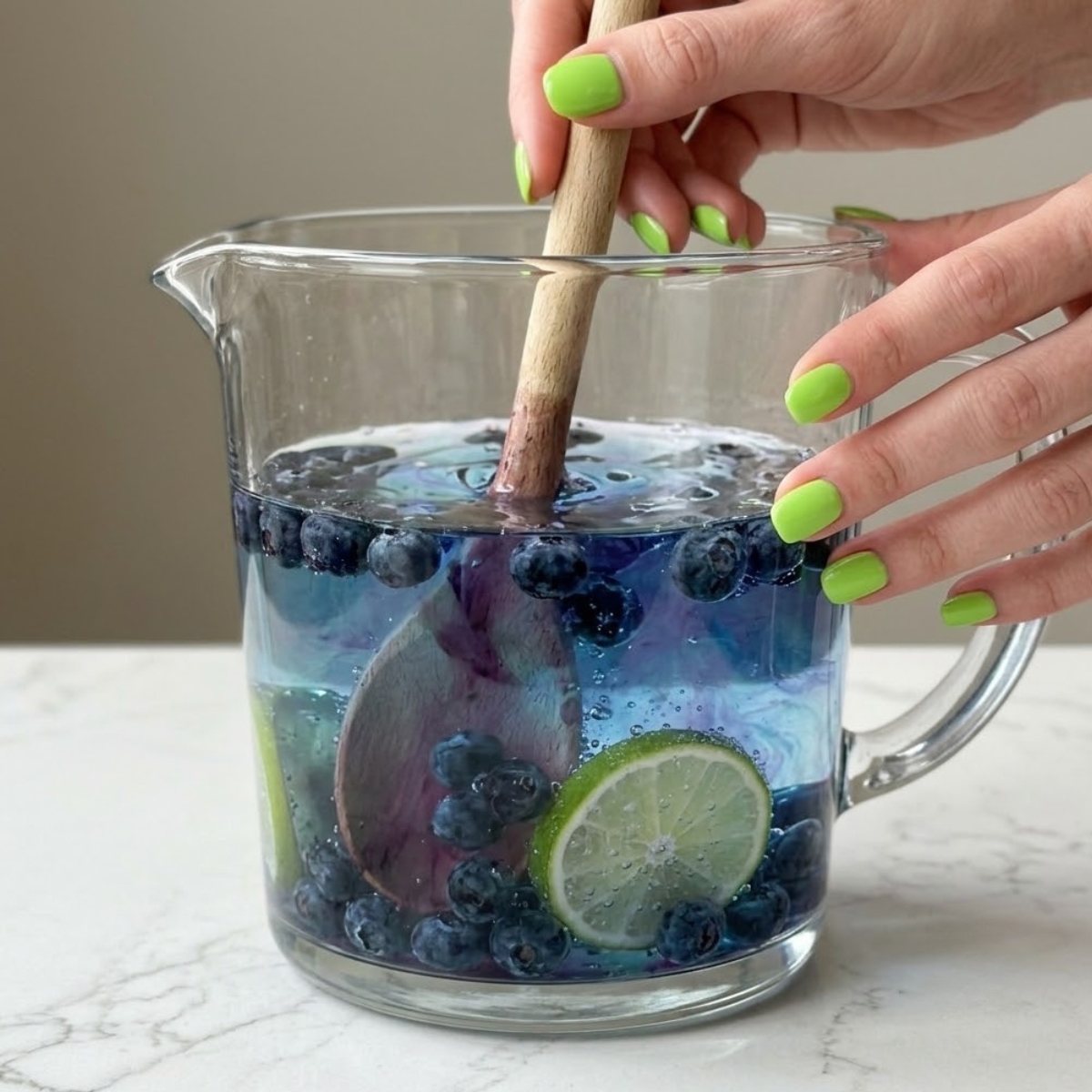 Tight close-up zoom of hands with green nails using a long wooden spoon to mix fresh blueberry infused water inside a clear glass pitcher.