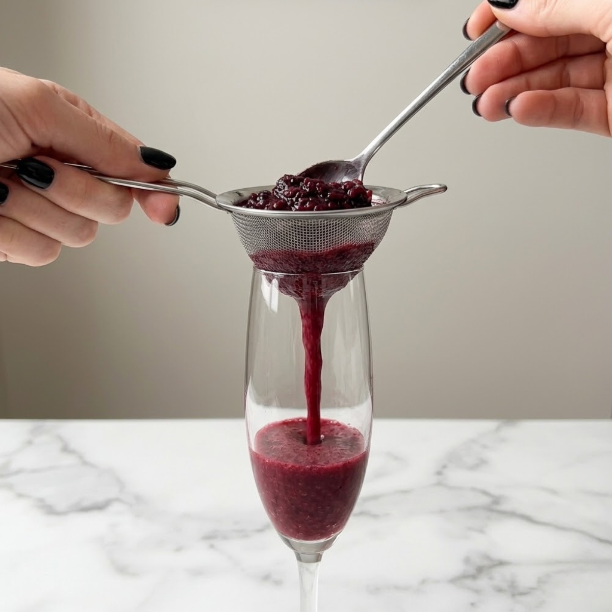 Tight close-up zoom of hands with black nails using a spoon to press blackberry pulp through a fine-mesh sieve into a glass flute.
