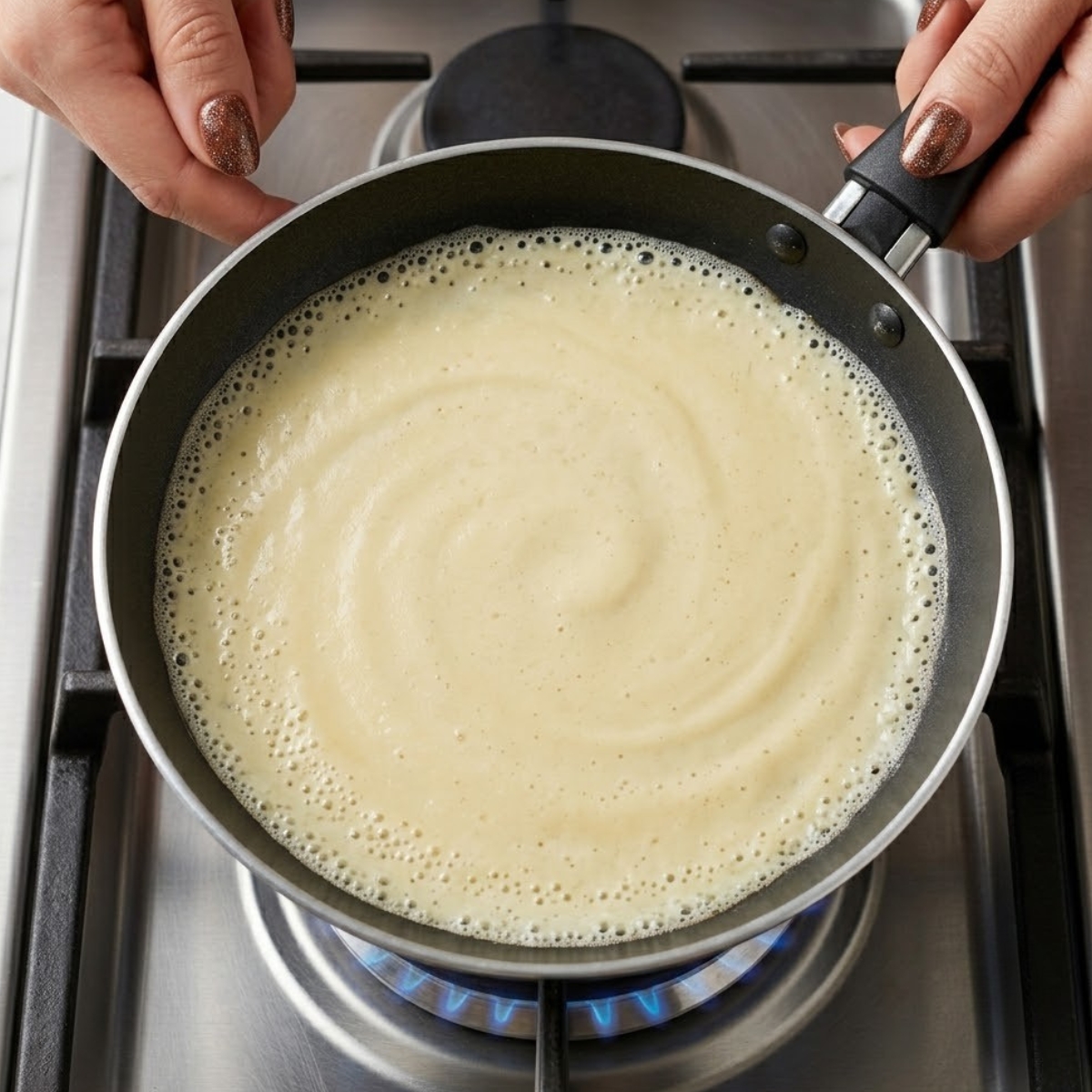 Extreme close-up view of hands with brown glitter nails swirling thin batter in a non-stick skillet over a gas stove flame.