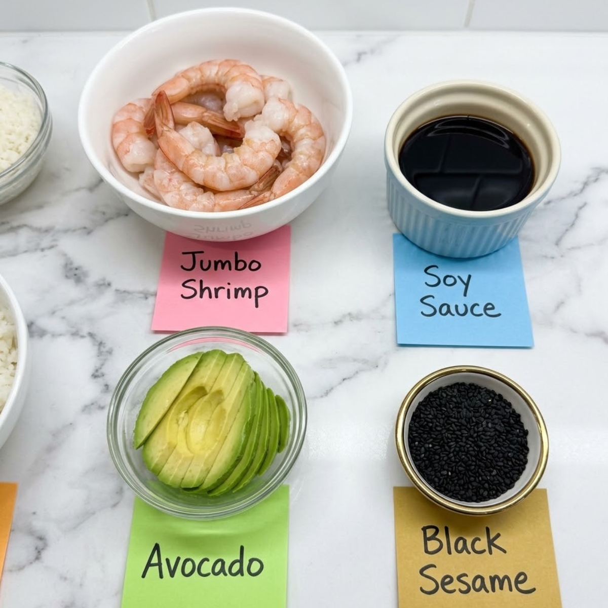 Flat lay of fresh jumbo shrimp, low sodium soy sauce, sliced avocado, and black sesame seeds with handwritten labels on a marble counter.