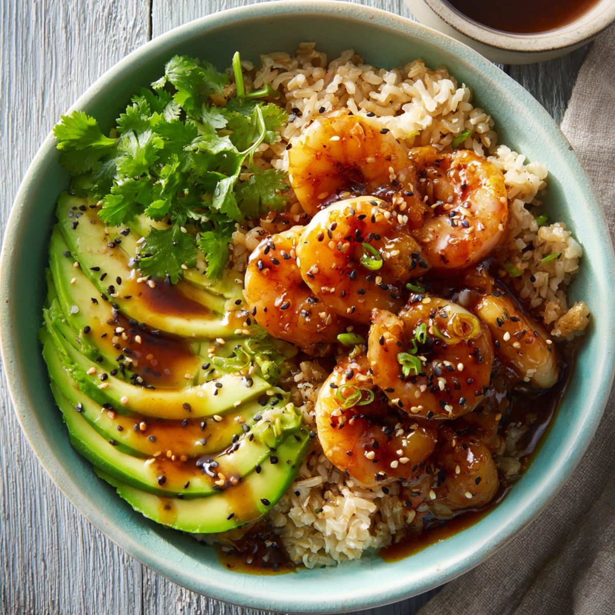 A teriyaki shrimp rice bowl in a teal ceramic bowl with glazed shrimp, sliced avocado, and brown rice, topped with black and white sesame seeds, sliced green onions, and fresh cilantro, with teriyaki sauce drizzled throughout.