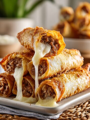 A stack of golden crispy egg rolls filled with seasoned ground beef and oozing melted white cheese, served on a white plate with a dipping sauce in the background.