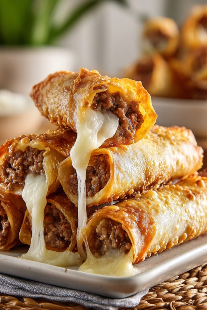 A stack of golden crispy egg rolls filled with seasoned ground beef and oozing melted white cheese, served on a white plate with a dipping sauce in the background.