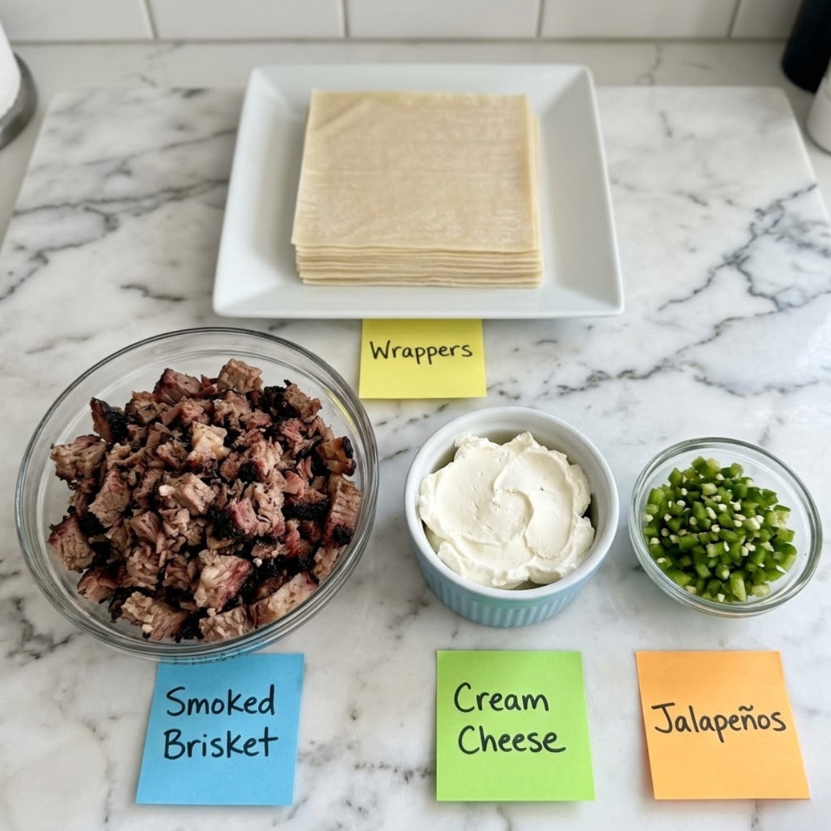 Flat lay of egg roll wrappers, chopped smoked brisket, cream cheese, and diced jalapeños with handwritten labels on a marble counter.