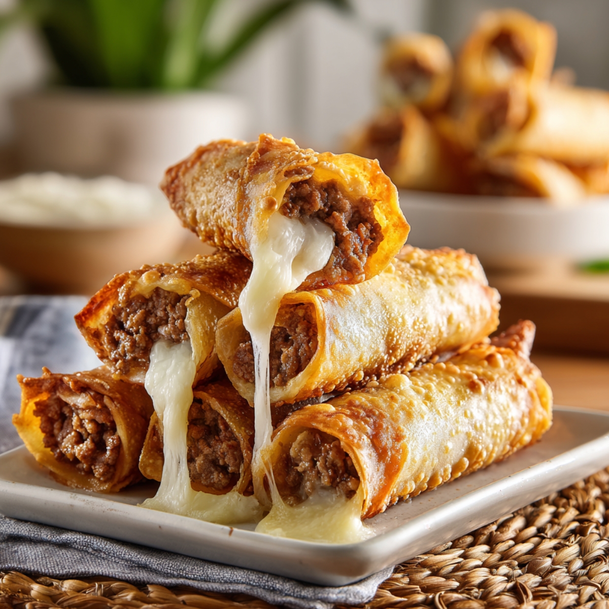 A stack of golden crispy egg rolls filled with seasoned ground beef and oozing melted white cheese, served on a white plate with a dipping sauce in the background.
