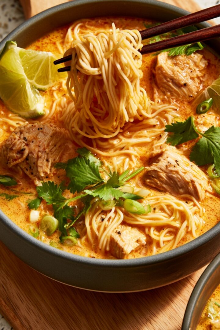 A bowl of Thai red curry noodle soup with chunks of chicken, egg noodles being lifted with chopsticks, fresh cilantro, green onions, and lime wedges in a creamy orange coconut curry broth.