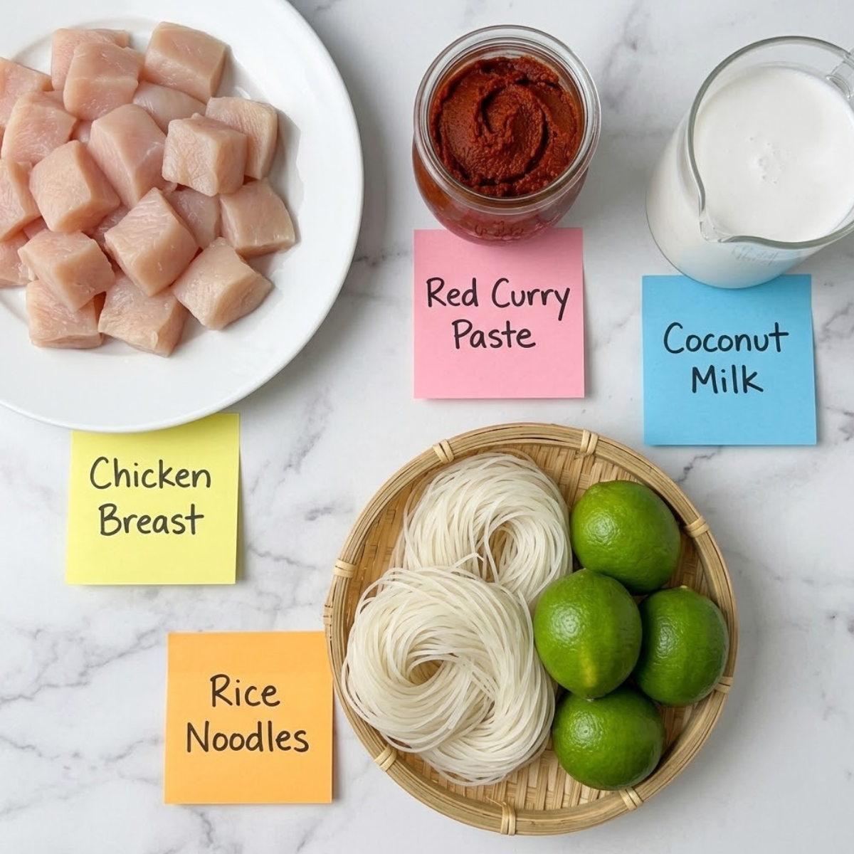 Flat lay of raw cubed chicken, red curry paste, coconut milk, and dry rice noodles with handwritten labels on a marble counter.