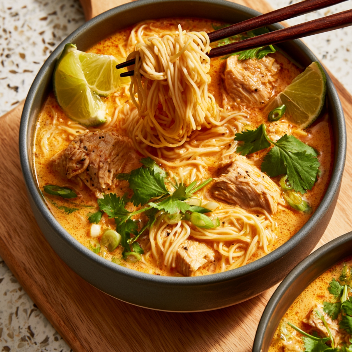A bowl of Thai red curry noodle soup with chunks of chicken, egg noodles being lifted with chopsticks, fresh cilantro, green onions, and lime wedges in a creamy orange coconut curry broth.