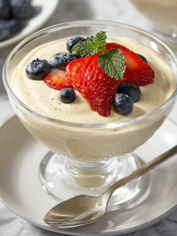A glass footed dessert cup filled with creamy vanilla bean mousse, topped with fresh strawberries, blueberries, and a mint sprig, served on a white saucer with a spoon on a marble surface.