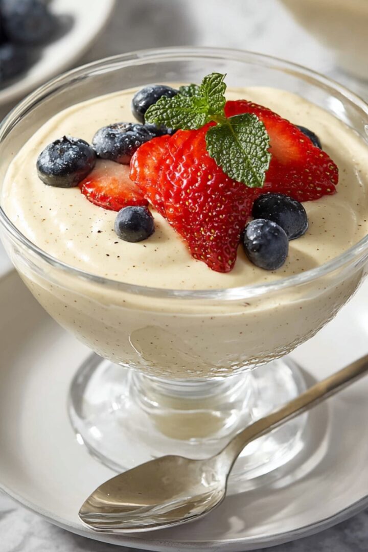 A glass footed dessert cup filled with creamy vanilla bean mousse, topped with fresh strawberries, blueberries, and a mint sprig, served on a white saucer with a spoon on a marble surface.