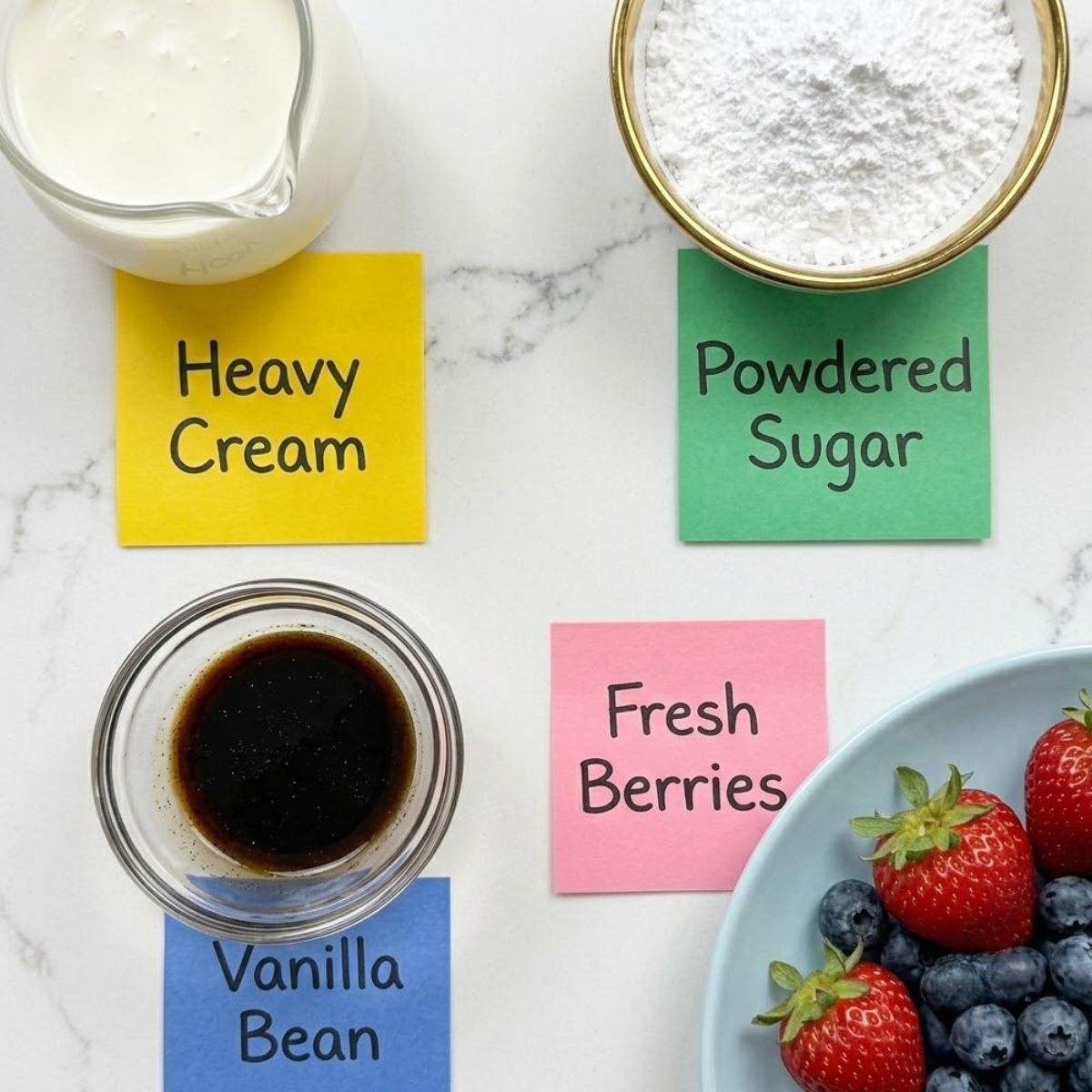 Flat lay of heavy whipping cream, powdered sugar, vanilla bean paste, and fresh berries with handwritten labels on a marble counter.