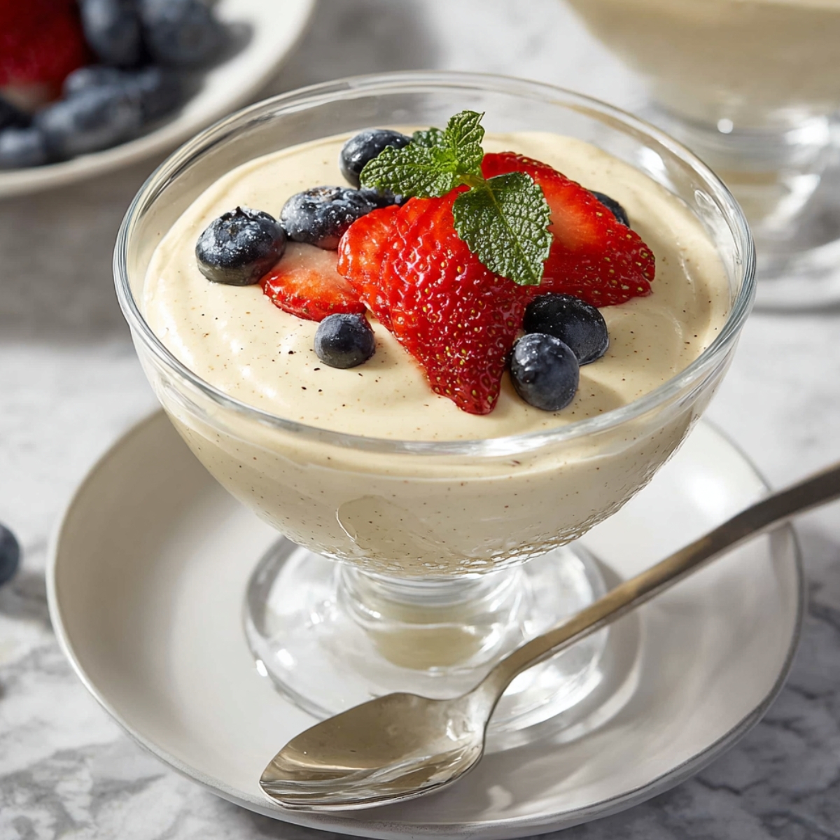 A glass footed dessert cup filled with creamy vanilla bean mousse, topped with fresh strawberries, blueberries, and a mint sprig, served on a white saucer with a spoon on a marble surface.