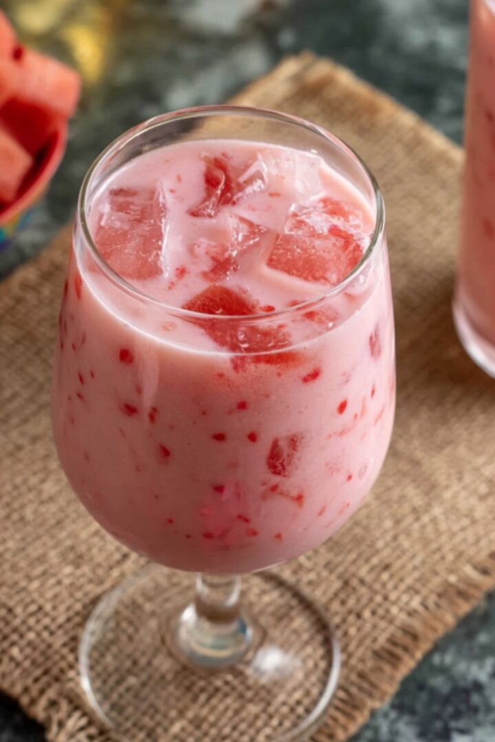 A pink, creamy watermelon rose drink served in a stemmed glass with chunks of fresh watermelon, set on a burlap mat next to a bowl of cubed watermelon.