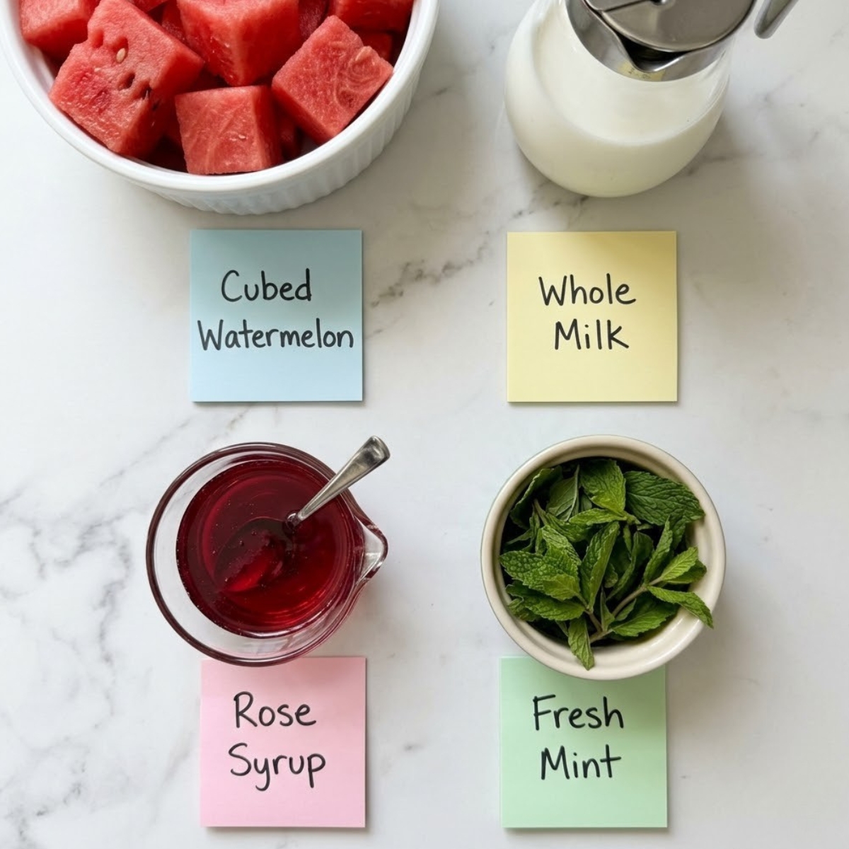 Flat lay of cubed red watermelon, a pitcher of whole milk, sweet rose syrup, and fresh mint leaves with handwritten labels on a marble counter.