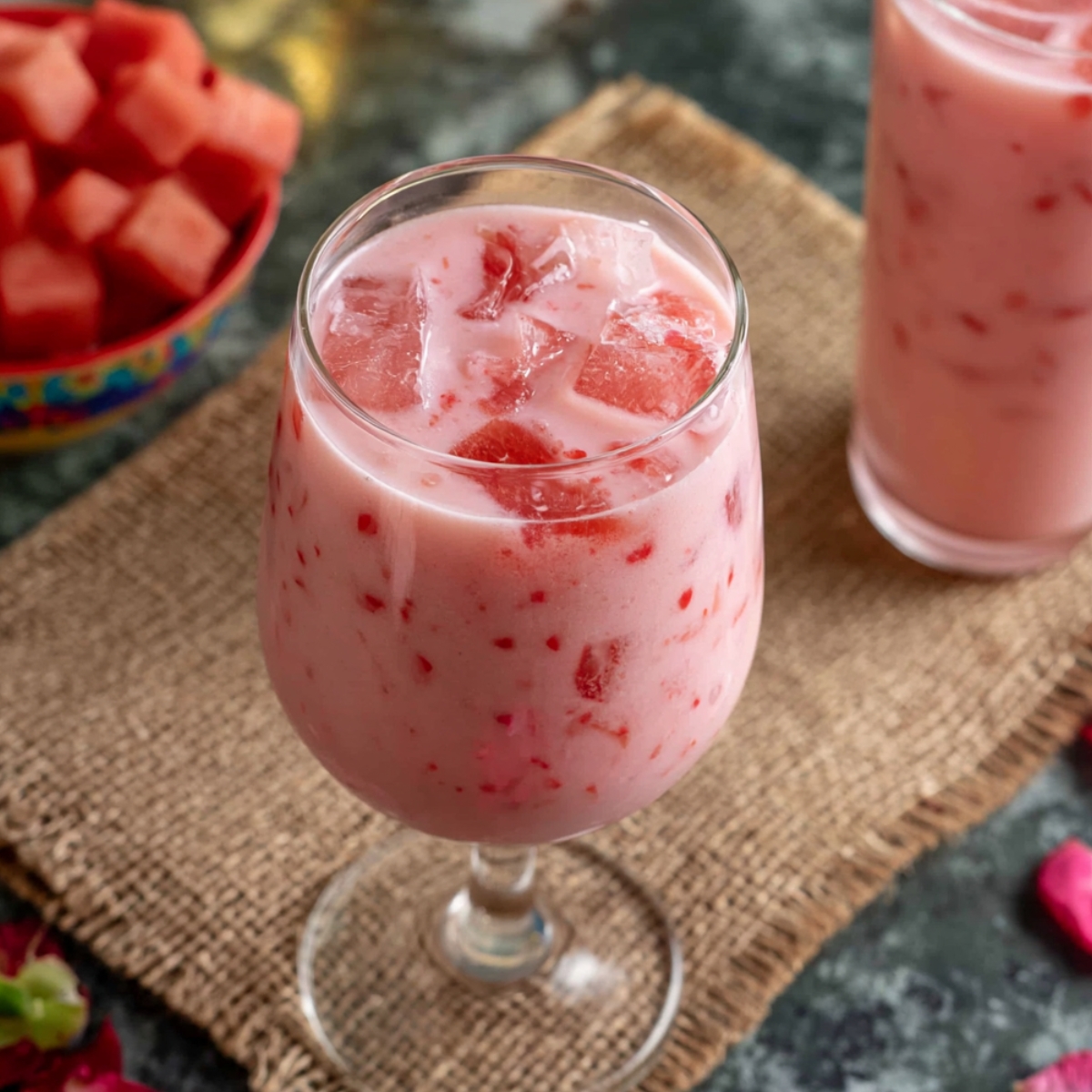 A pink, creamy watermelon rose drink served in a stemmed glass with chunks of fresh watermelon, set on a burlap mat next to a bowl of cubed watermelon.