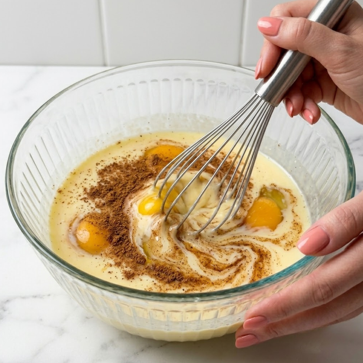 Extreme close-up view of hands with pink nails using a wire whisk to blend eggs, milk, and ground cinnamon inside a glass bowl.