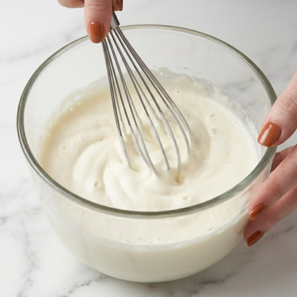 Tight close-up zoom of hands with caramel nails using a wire hand whisk to beat heavy cream into a smooth froth inside a glass dish.