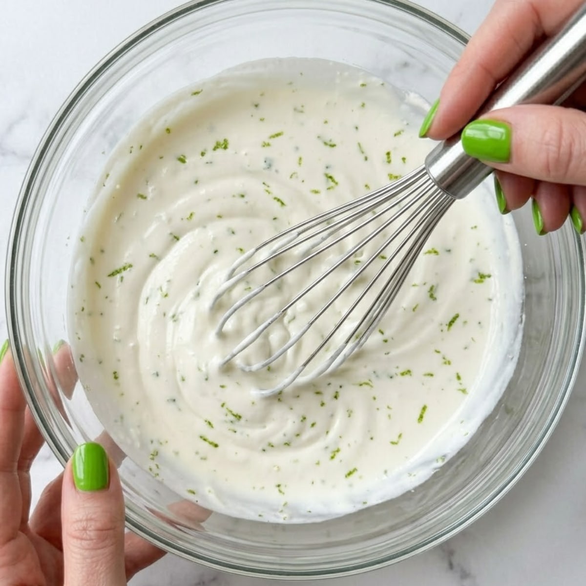 Extreme close-up view of hands with green nails using a wire hand whisk to mix Greek yogurt, lime zest, and sugar inside a glass bowl.