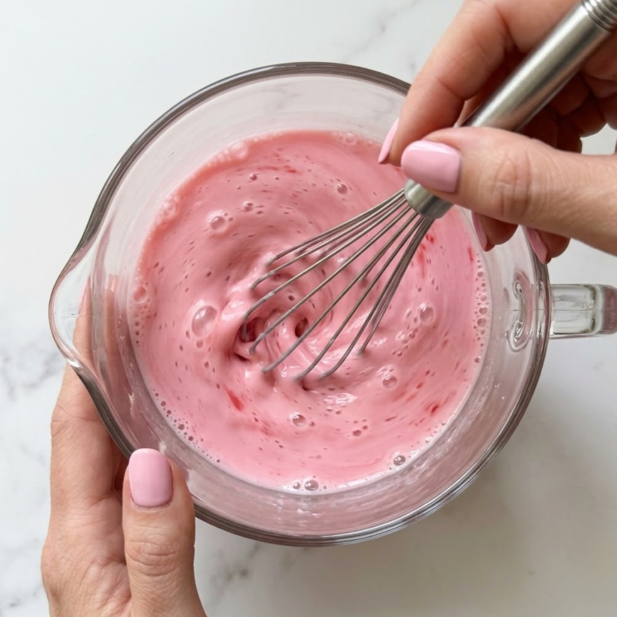 Extreme close-up view of hands with pink nails using a wire hand whisk to blend whole milk and sweet rose syrup inside a glass pitcher.