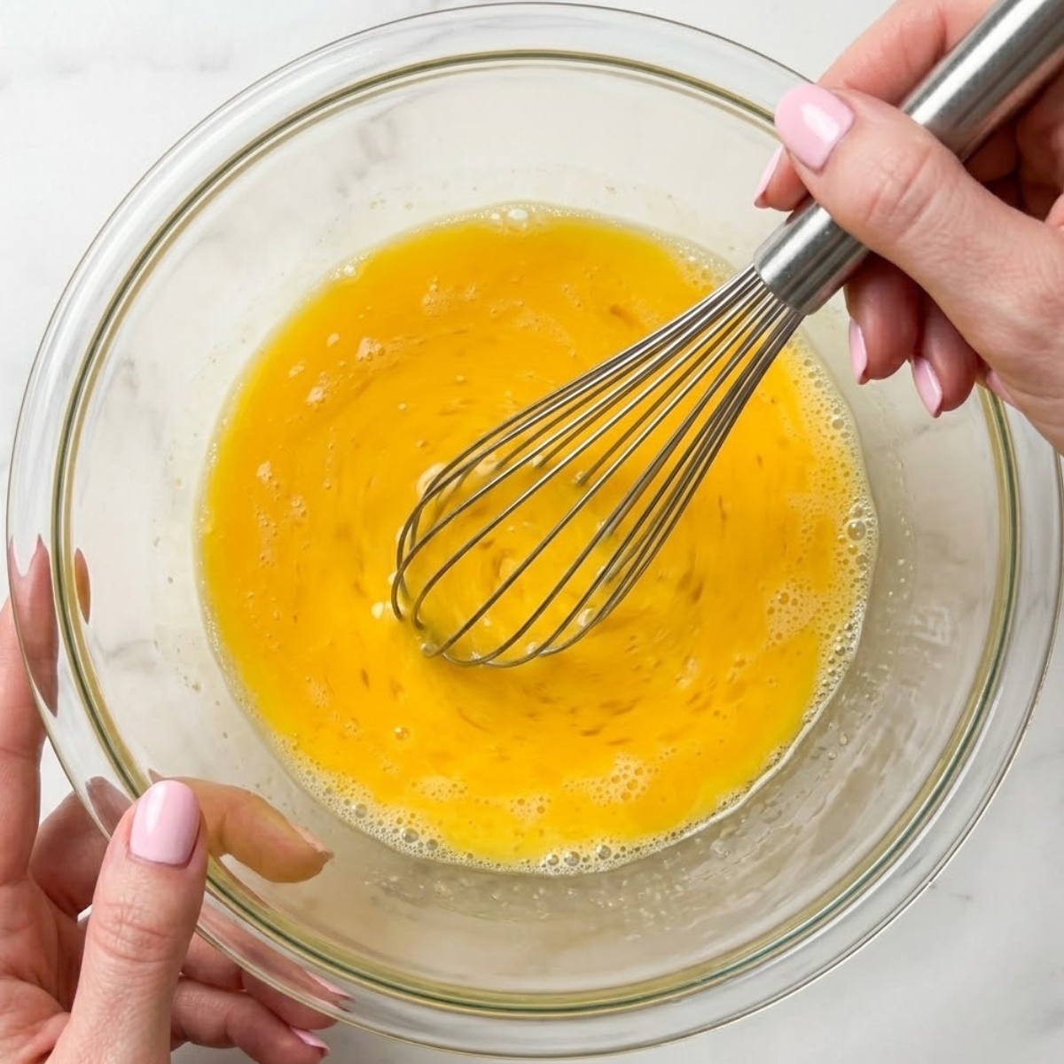 Extreme close-up view of hands with baby pink nails using a wire hand whisk to beat fresh eggs inside a glass mixing bowl.