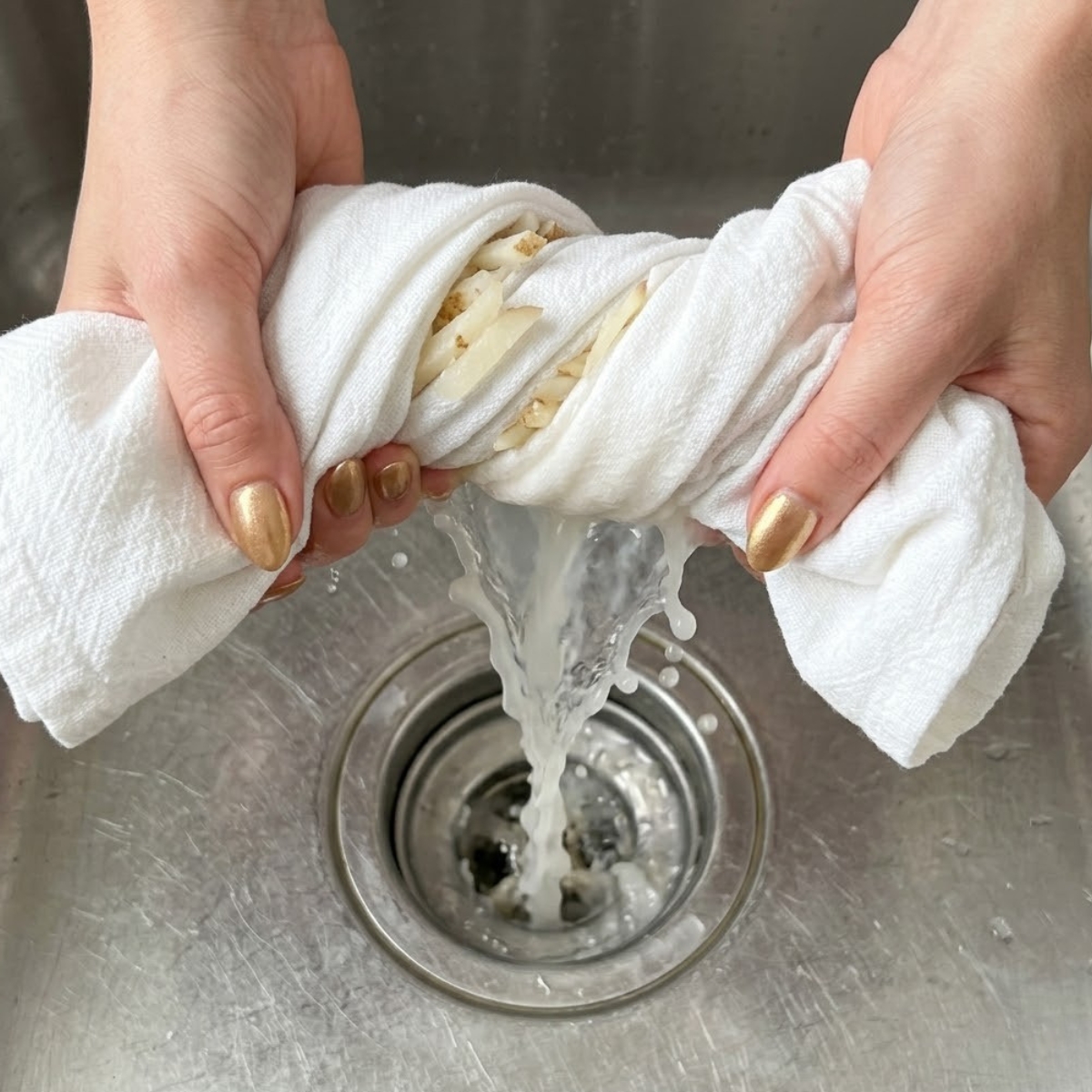 Extreme close-up view of hands with gold nail polish aggressively squeezing a kitchen towel to remove water from shredded potatoes over a sink.