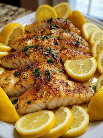Several golden seasoned fish fillets with a crispy spiced crust and fresh parsley, arranged on a white plate surrounded by lemon slices and wedges in a lemon butter sauce.