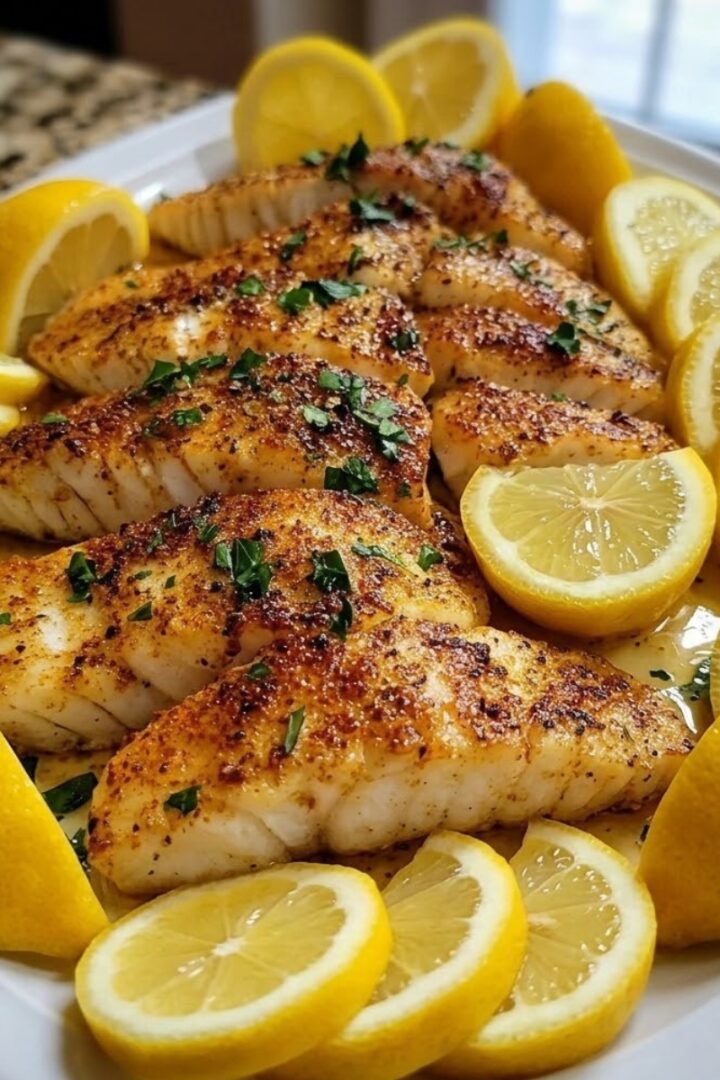 Several golden seasoned fish fillets with a crispy spiced crust and fresh parsley, arranged on a white plate surrounded by lemon slices and wedges in a lemon butter sauce.