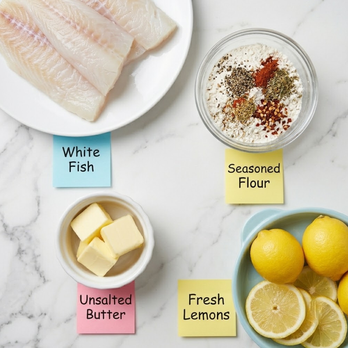 Flat lay of raw white fish fillets, seasoned flour mix, unsalted butter, and fresh lemon slices with handwritten labels on a marble kitchen counter.