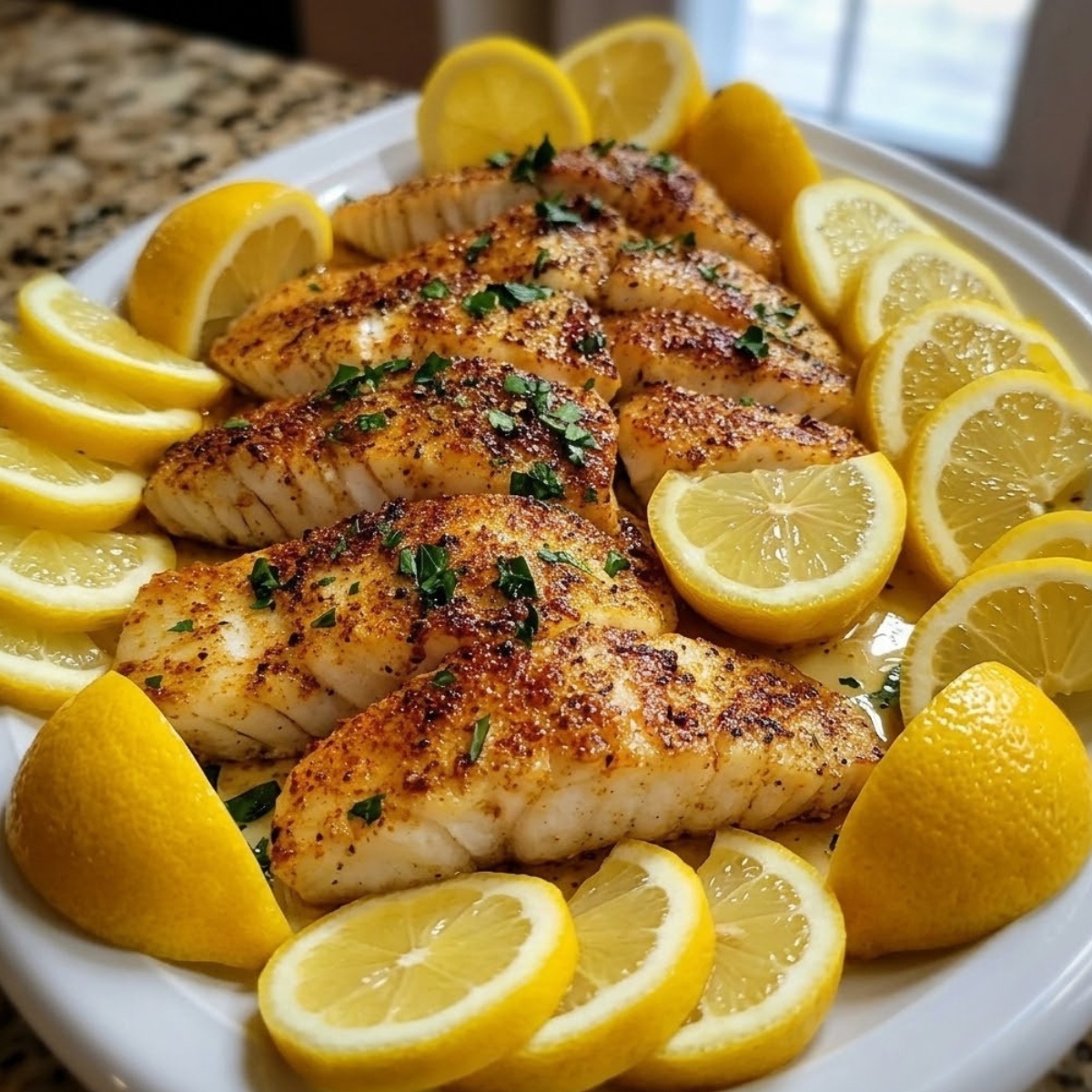 Several golden seasoned fish fillets with a crispy spiced crust and fresh parsley, arranged on a white plate surrounded by lemon slices and wedges in a lemon butter sauce.