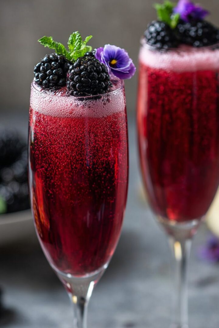 Two elegant champagne flutes filled with a deep red sparkling blackberry mojito mocktail, garnished with fresh blackberries, mint sprigs, and purple edible flowers, with a bowl of blackberries and lemon halves in the background.
