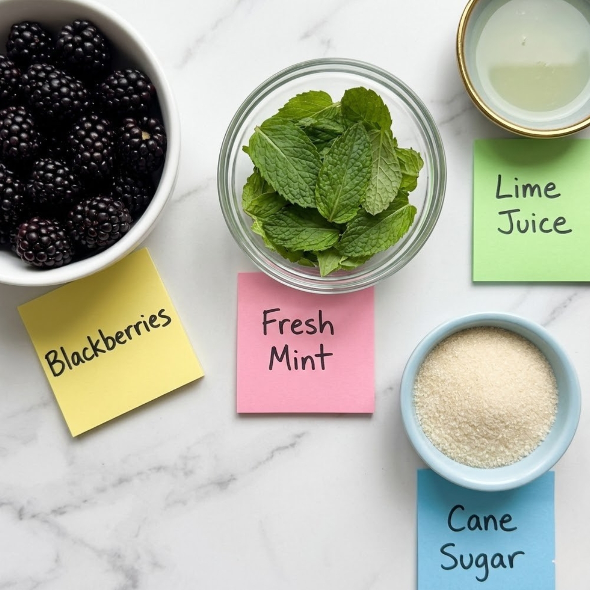 Flat lay of fresh blackberries, mint leaves, pure cane sugar, and lime juice with handwritten labels on a marble counter.