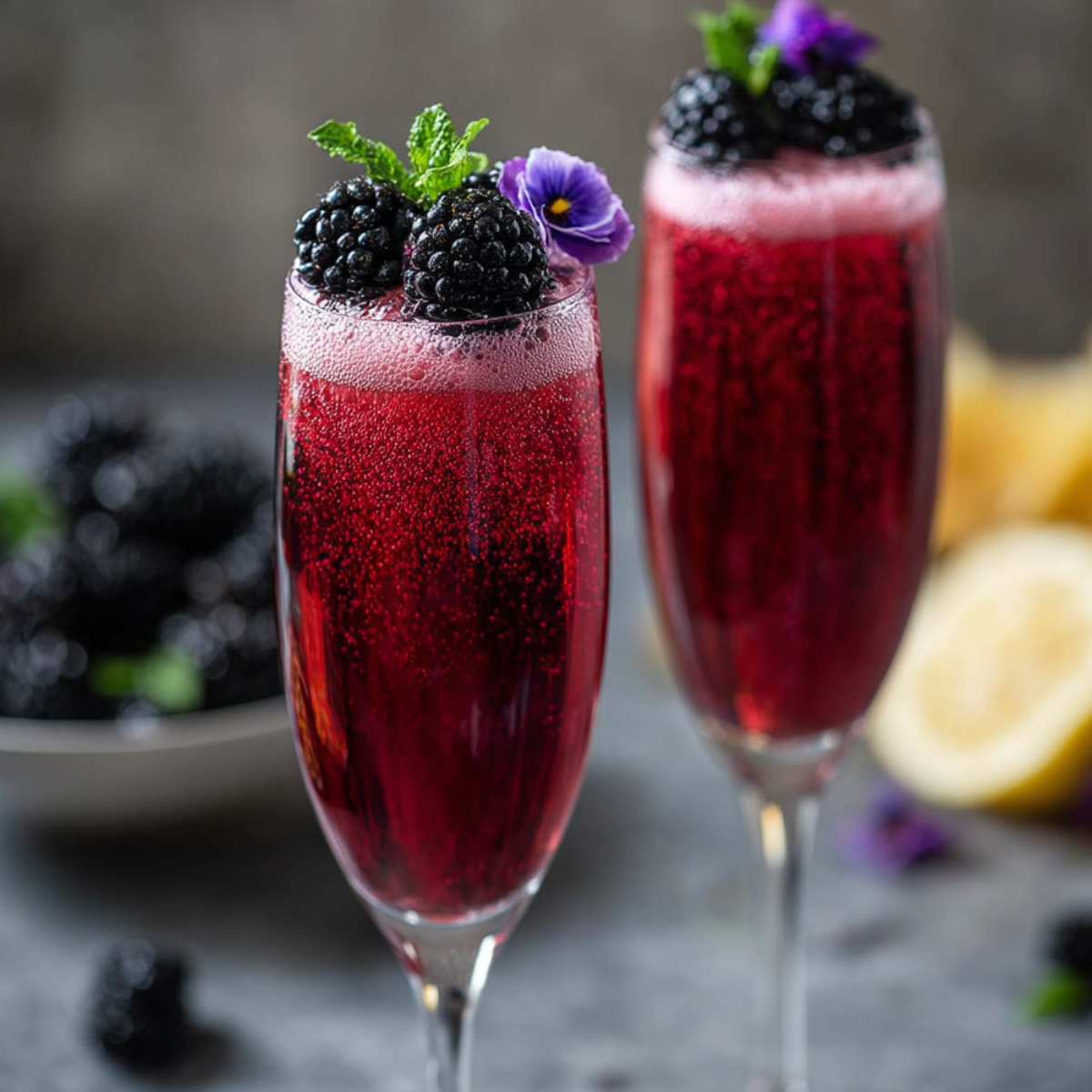 Two elegant champagne flutes filled with a deep red sparkling blackberry mojito mocktail, garnished with fresh blackberries, mint sprigs, and purple edible flowers, with a bowl of blackberries and lemon halves in the background.