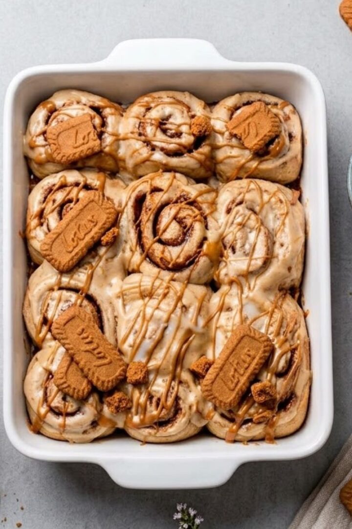 A high-angle close-up of Biscoff cinnamon roll inside a ceramic dish with crushed biscuit garnish on a marble counter.