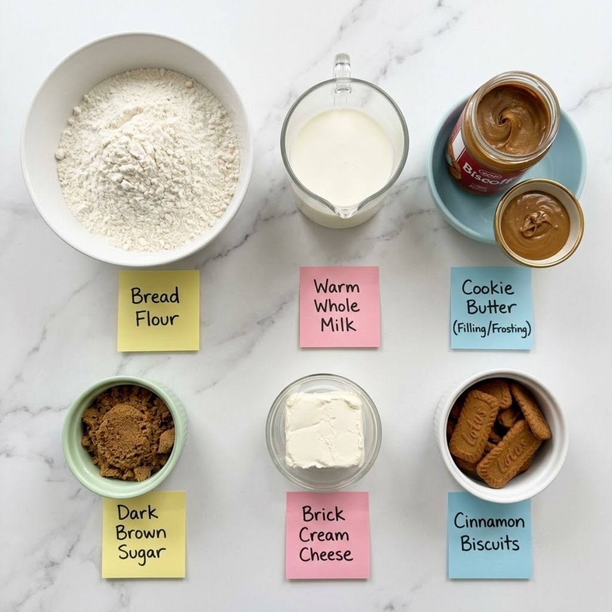 An overhead knolling shot of Biscoff Cookie Butter Cinnamon Roll ingredients organized in colorful ceramic and glass containers with handwritten sticky notes on a marble counter.